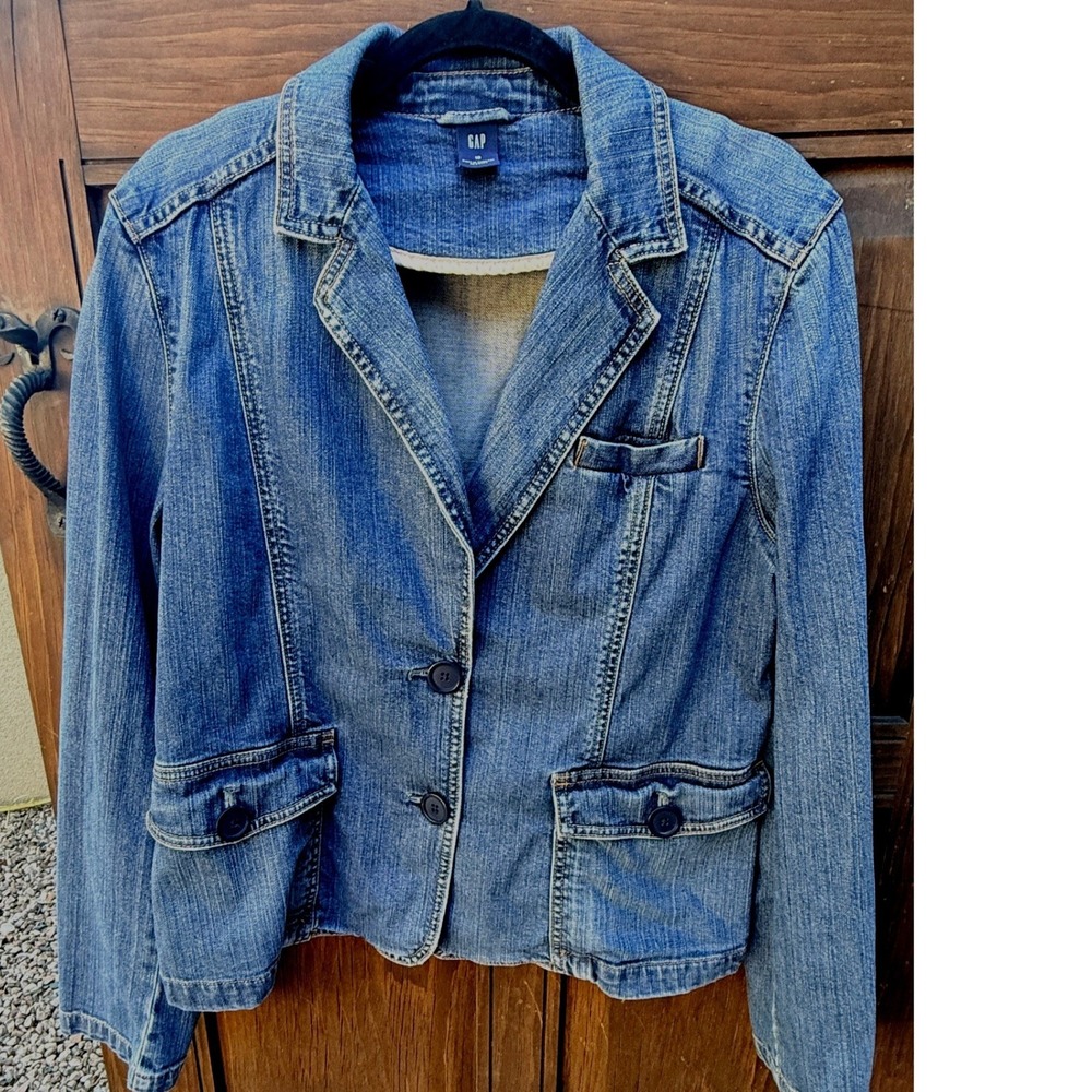 Gap Womens Blue Denim Blazer Jacket Size 16 Medium Wash Stretch Cotton 2 Button